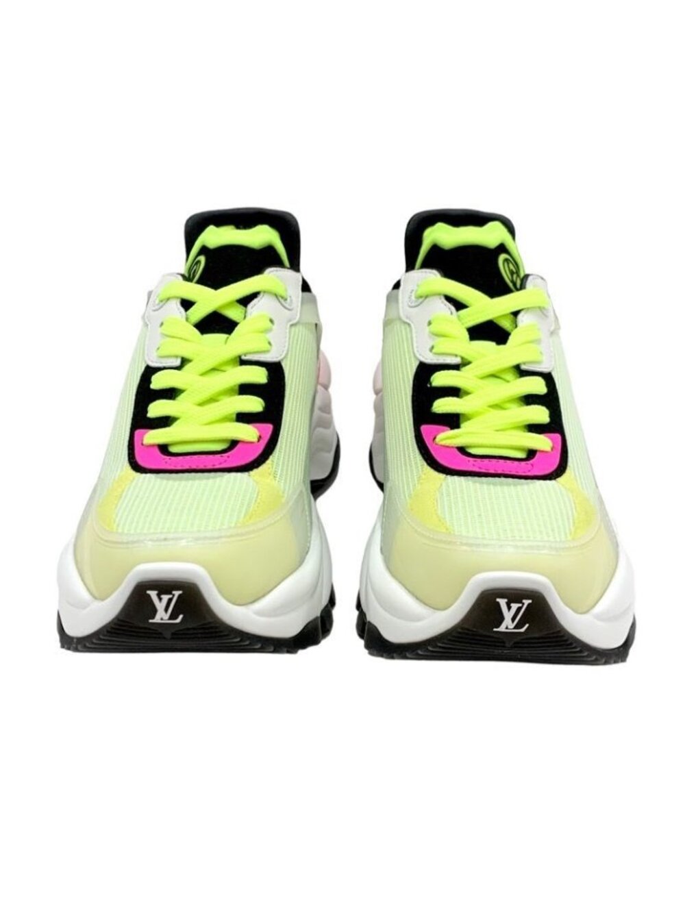 Louis Vuitton Run 55 Line Monogram Sneakers Shoes Fabric Neon Yellow Pink - Picture 2 of 10